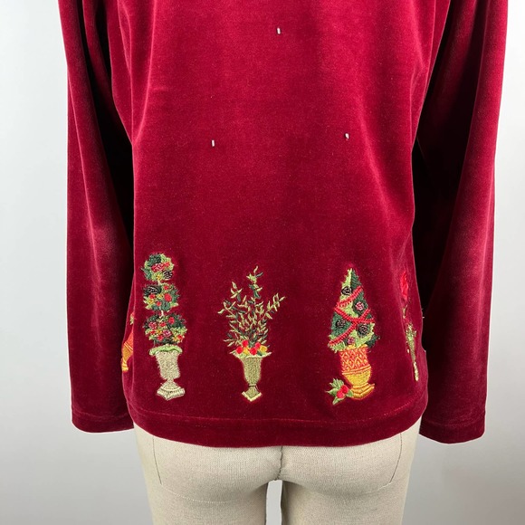 Susan Bristol Red Velour Ugly Christmas Sweater Cardigan Holiday Plants Trees - Picture 11 of 16